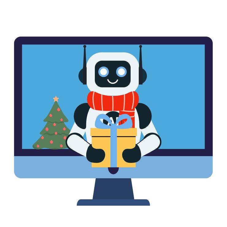 Vector el robot con la bufanda roja y con el árbol de navidad da un regalo en la pantalla plana del monitor de la computadora