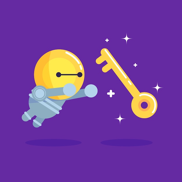 Robot de bulbo tratando de alcanzar la ilustración de Vector de diseño plano de llave dorada
