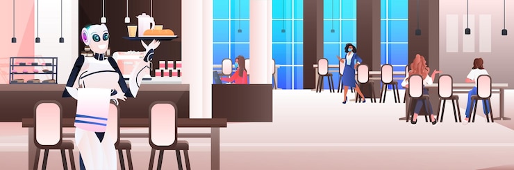 Vector robot camarero que sirve comida a los visitantes en el restaurante concepto de tecnología de inteligencia artificial interior de café moderno