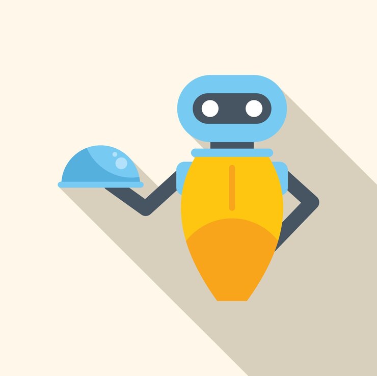 Vector robot camarero sosteniendo una bandeja de servicio diseño de icono plano
