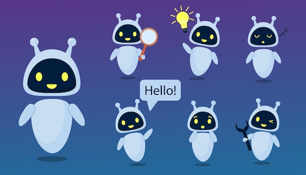 Robot chat bot conjunto Ilustración de estilo plano Robot amigable para aplicación móvil Ilustración vectorial