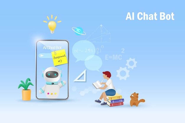 El robot de chat de IA ayuda al estudiante a hacer la tarea El robot de inteligencia artificial genera información y resume el conocimiento para realizar tareas en una solución inteligente Tecnología de la educación