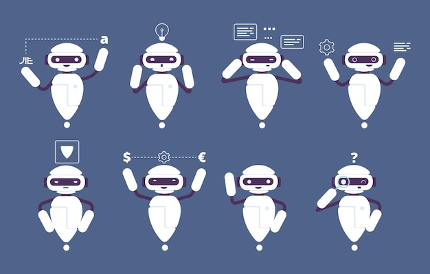 Robot chatbot. Mascota en línea lindo personaje caminando de pie hablando divertidas poses chatbot. Servicio bot discurso, soporte robótico ai ilustración.