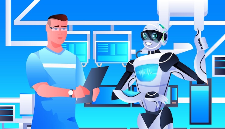 Vector robot con científico usando una computadora portátil y haciendo experimentos en el concepto de inteligencia artificial de ingeniería genética de laboratorio
