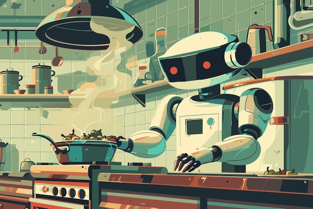 Robot cocinando comida en el hogar ayudante chef en la cocina futuro robot cocinero ilustración de dibujos animados vectorial