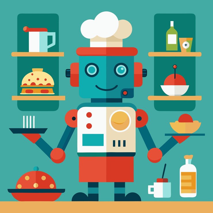 Vector un robot cocinero amigable que sirve comida en una cocina