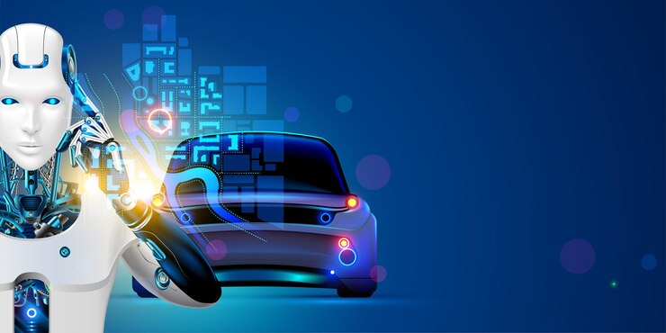 Vector robot conductor de coche autónomo ai de sistema sin conductor de vehículos en imagen cyborg concepto de inteligencia artificial de tecnología de transporte autopilot de sistema de conducción autónoma renderización 3d