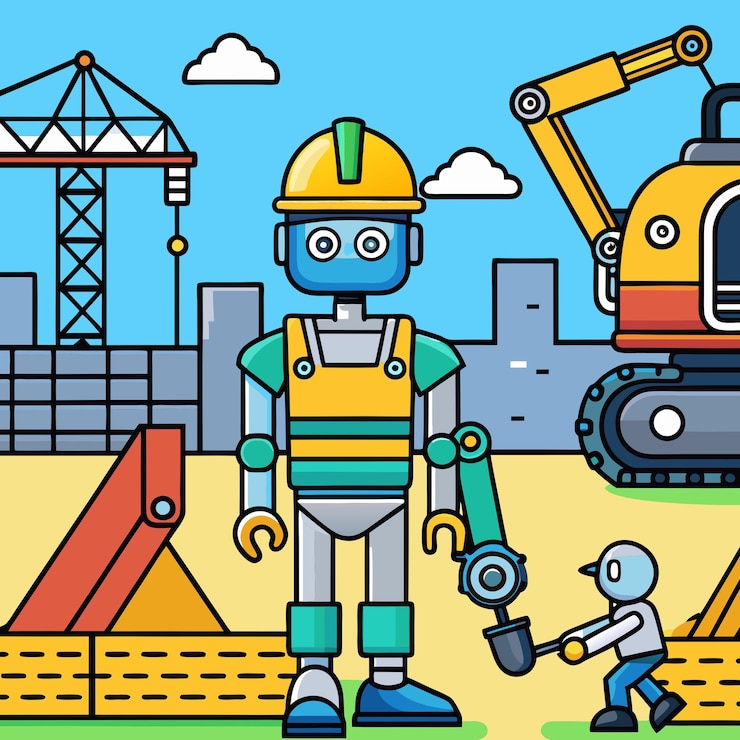 Vector un robot de construcción en el sitio de trabajo