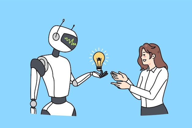 El robot le da una bombilla a una empleada que ofrece una solución empresarial productiva asistente virtual