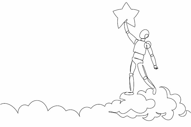 Un robot de dibujo continuo alcanzando estrellas en el cielo Campeón de negocios para obtener la recompensa