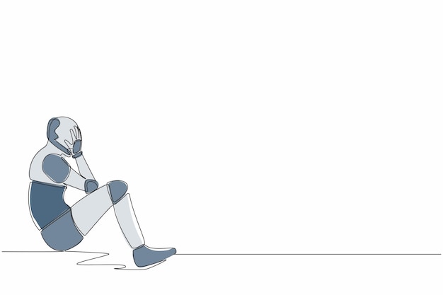 Vector un robot de dibujo continuo cubre su cara sintiéndose triste y deprimido sentado en el suelo