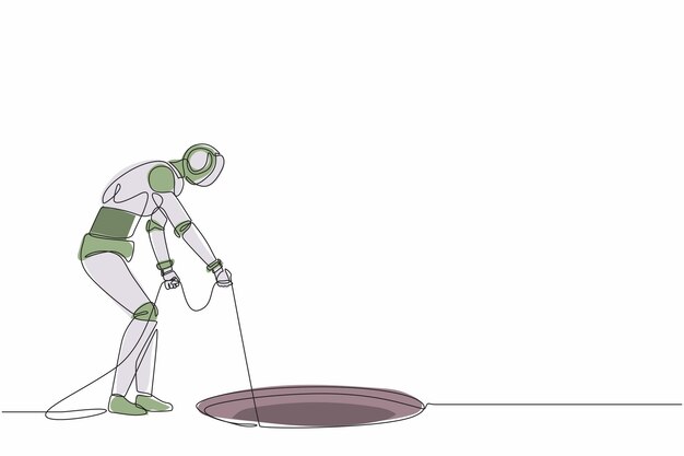 Un robot de dibujo continuo estira la cuerda en el agujero preguntándose si está mirando toda la ilustración