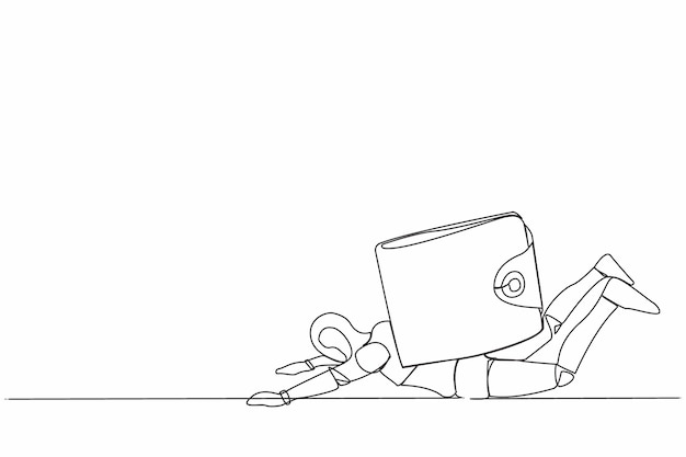 Un robot de dibujo continuo estresado bajo una pesada carga de billetera Crisis económica financiera