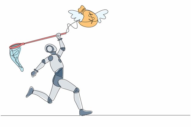 Un robot de dibujo continuo intenta atrapar una bolsa de dinero voladora con una red de mariposas logrando ganancias