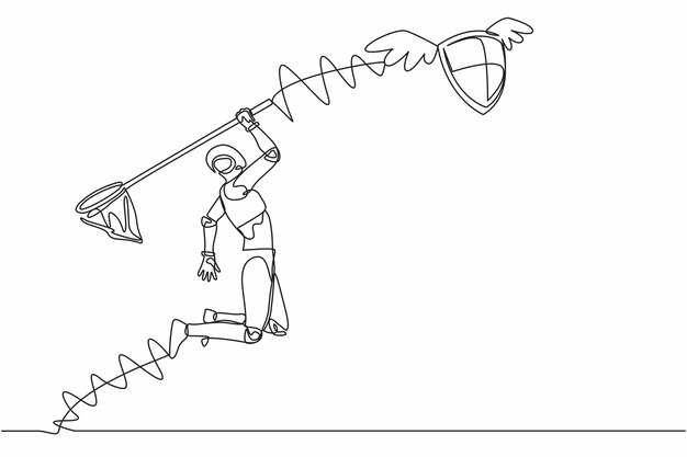 Un robot de dibujo continuo intenta atrapar un escudo volador con una red de mariposas.