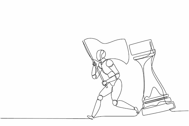 Un robot de dibujo continuo de una línea corriendo y sosteniendo una bandera al lado de una gran torre vector de diseño de piezas de ajedrez