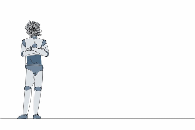 Robot de dibujo continuo de una línea con garabateo redondo en lugar de cabeza de pie con brazos plegados