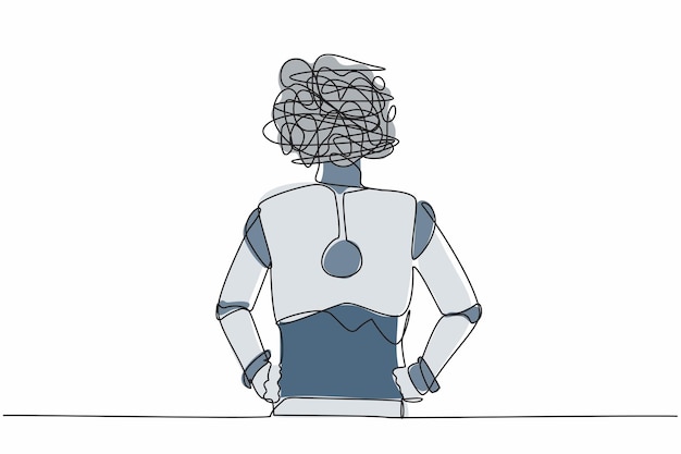 Robot de dibujo continuo de una línea con garabates redondos en lugar de la cabeza de pie sosteniendo su cadera