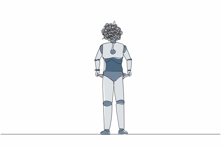Vector robot de dibujo continuo de una línea con garabates redondos en lugar de una cabeza robot con bolsillo girado
