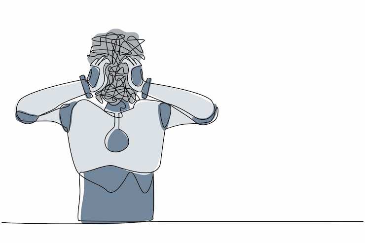 Vector robot de dibujo continuo de una línea con garabates redondos en lugar de cabeza sensación de confusión y desorden