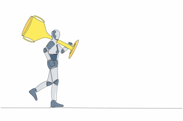 El robot de dibujo continuo de una línea lleva una gran copa de trofeo para el ganador como símbolo de victoria