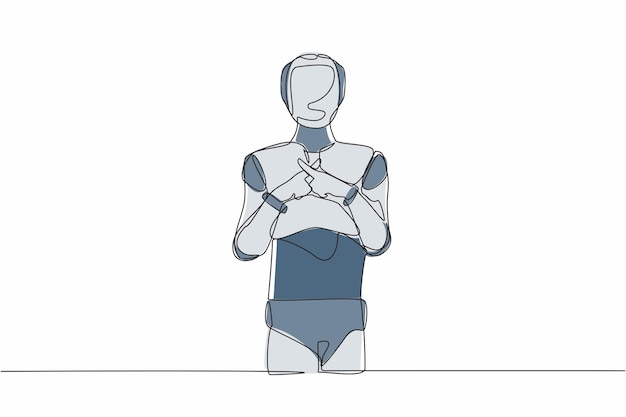 Un robot de dibujo continuo de una línea de pie y cruzando los dedos formando una ilustración vectorial de diseño x