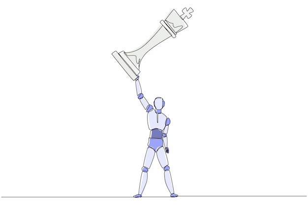 Un robot de dibujo continuo de una línea de pie y levantando la pieza de ajedrez del rey robot humanoide cibernético