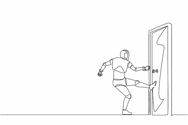 Un robot de dibujo continuo de una línea de pie patea la puerta cerrada con su pierna robot humanoide cibernético