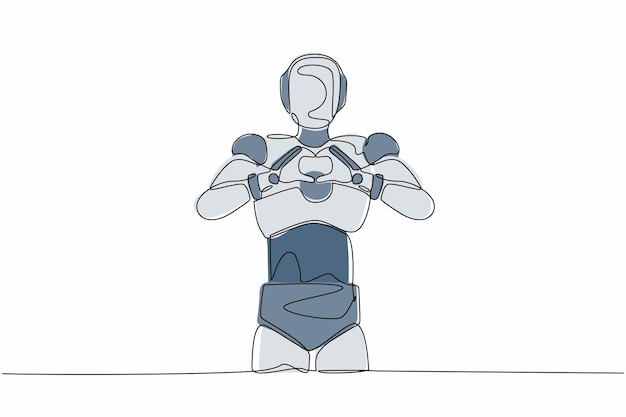 Un robot de dibujo continuo de una línea de pie con el signo de hacer el amor símbolo del corazón delante del pecho