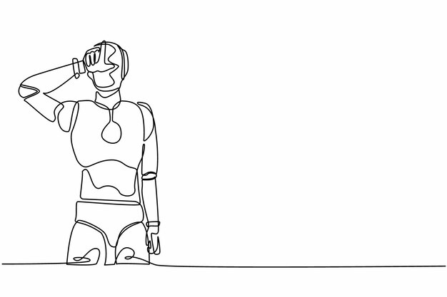 Robot de dibujo continuo de una línea de pie con el símbolo de L que muestra el signo del perdedor en la frente