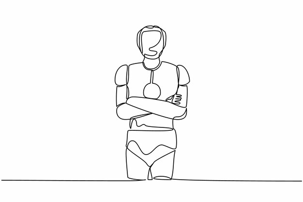 Un robot de dibujo continuo de una línea de pie y sosteniendo la mano en la cadera Vector de diseño de ciborg de confianza