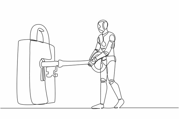 Un robot de dibujo continuo de una línea poniendo una llave grande en el candado Ilustración vectorial de seguridad empresarial