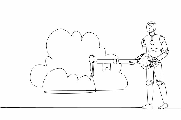 Robot de dibujo continuo de una línea poniendo la llave grande en la nube almacenamiento de seguridad seguridad de bloqueo de contraseña