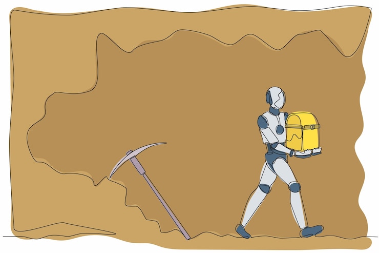 Vector robot de dibujo continuo de una línea que lleva un cofre del tesoro de diseño subterráneo gráfico vectorial