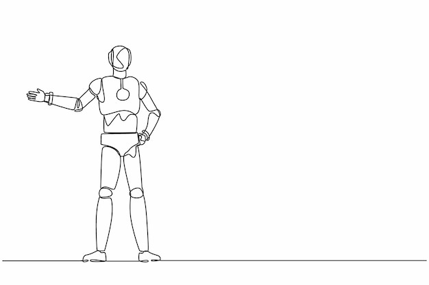 Robot de dibujo continuo de una línea que muestra algo o presenta un gráfico vectorial de diseño de proyecto