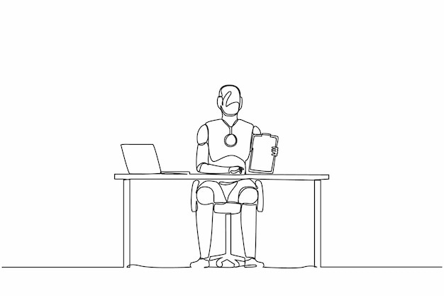 Robot de dibujo continuo de una línea sentado cerca del escritorio de la oficina y mostrando la ilustración vectorial del portapapeles
