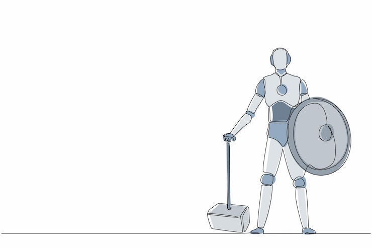 Vector un robot de dibujo continuo de una línea sostiene un gran martillo y un escudo ilustración de robot humanoide