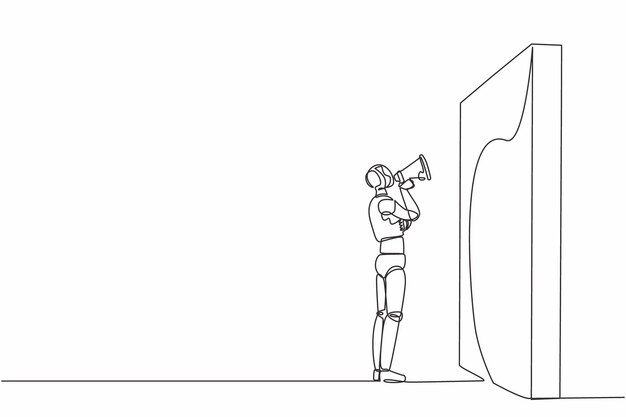 Un robot de dibujo continuo con un megáfono de pie y gritando frente a la pared