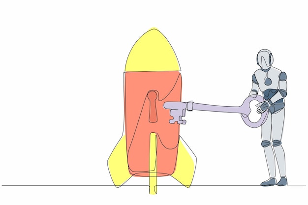 Un robot de dibujo continuo pone la llave en el cohete Lanzando un nuevo producto de negocio tecnológico