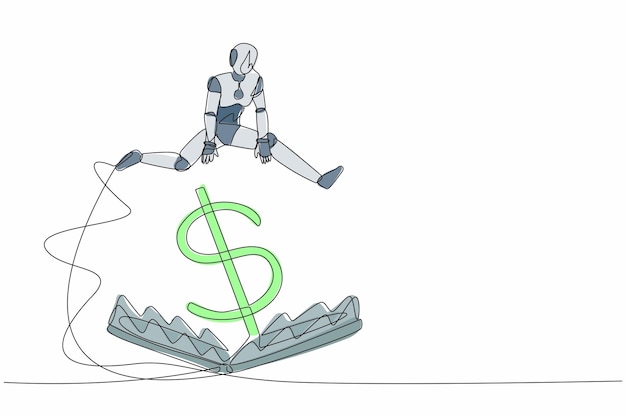 Vector un robot de dibujo continuo saltando sobre la trampa del dinero con un vector de símbolo de dólar de mucho dinero