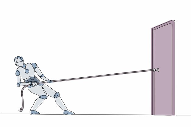 Un robot de dibujo continuo tirando y tratando de abrir la puerta con una cuerda robot humanoide cibernético