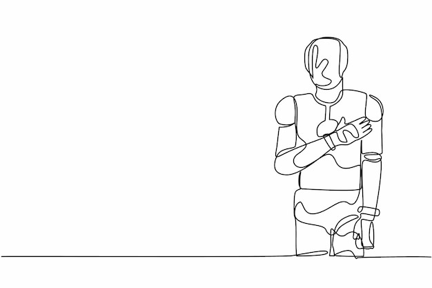 Robot de dibujo continuo único de pie con la mano en el pecho Robot que sufre de pecho