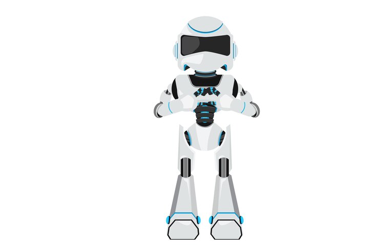 Vector robot de dibujo de diseño de negocios que hace el símbolo del corazón con los dedos frente al cofre forma de amor desarrollo de tecnología aprendizaje automático de inteligencia artificial ilustración de vector de estilo de dibujos animados plana