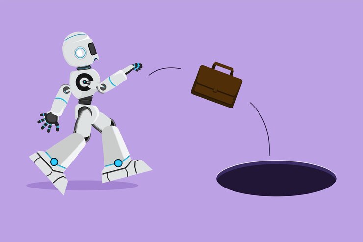 Vector el robot de dibujo de diseño plano gráfico arroja el maletín al agujero no se aprovechan las oportunidades comerciales desarrollo de tecnología futura inteligencia artificial ilustración vectorial de dibujos animados