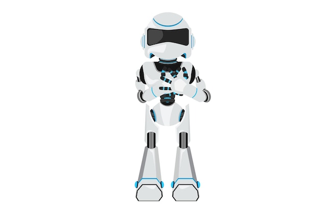 Robot de dibujo de estilo de dibujos animados planos de negocios con expresión complacida mantener las manos en el pecho impresionado gratitud sentimiento de agradecimiento Inteligencia artificial robótica moderna Ilustración de vector de diseño gráfico