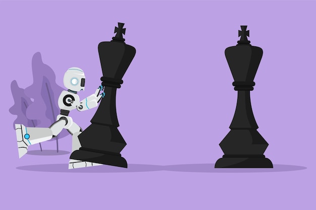 El robot de dibujo de estilo plano de dibujos animados empuja las piezas de ajedrez del gran rey para derrotar al rey oponente Movimiento estratégico Inteligencia artificial robótica Industria de la tecnología Ilustración de vector de diseño de dibujo gráfico