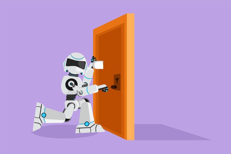 Vector robot de dibujo de estilo plano de dibujos animados escuchando a escondidas en la puerta escuchando una conversación frente a la puerta cerrada inteligencia artificial robótica industria tecnológica diseño gráfico ilustración vectorial