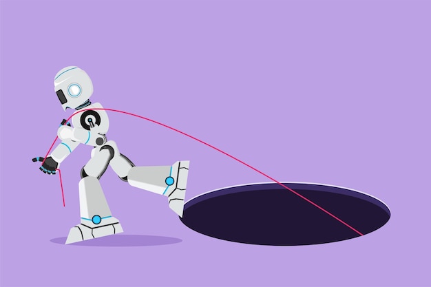 Robot de dibujo de estilo plano de dibujos animados tratando de tirar de la cuerda para arrastrar algo desde la metáfora del agujero hasta enfrentar un gran problema Industria de inteligencia artificial de robot moderno Ilustración de vector de diseño gráfico