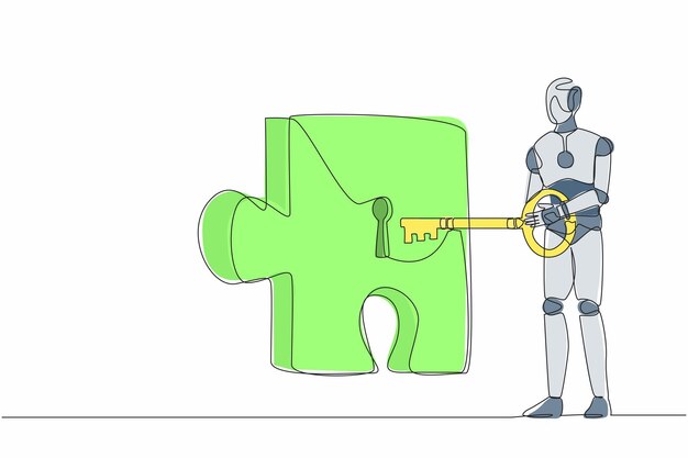 Un robot de dibujo de línea continua coloca una llave grande en la pieza del rompecabezas Trabajo en equipo y asociación