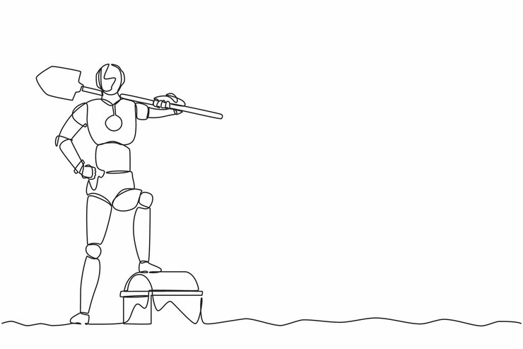 Vector un robot de dibujo de línea continua excava el suelo con una pala y encuentra el diseño del cofre del tesoro